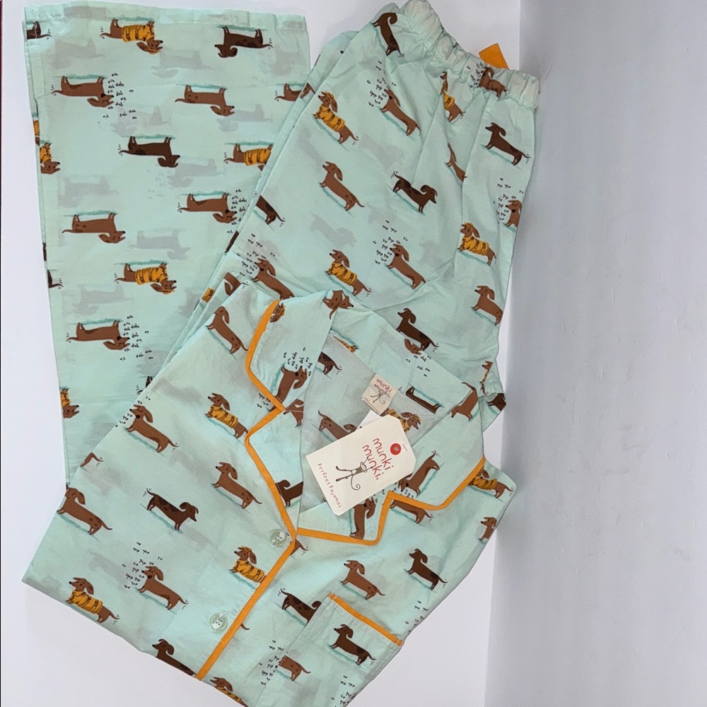 NWT HTF munki munki Light Green Dachshund Print LS Cotton Pajamas Women’s Size M